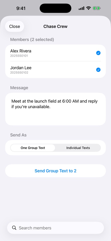 Balloon Crew Call screen for preparing a chase crew message